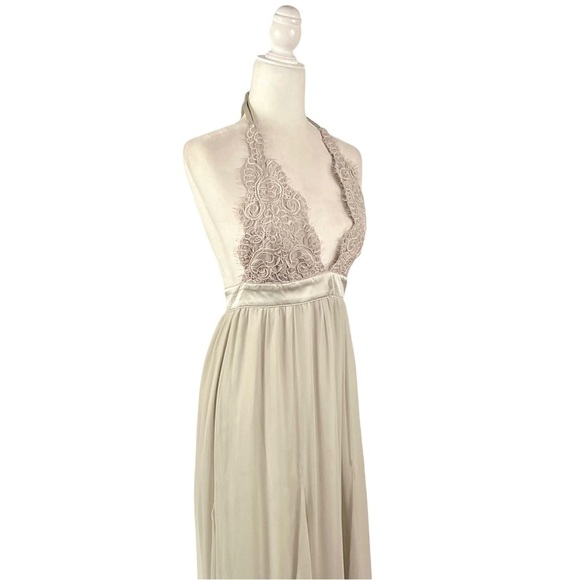 INGMA MELERO Silk Crepe Halter Lace Evening Maxi Gown - Picture 4 of 16